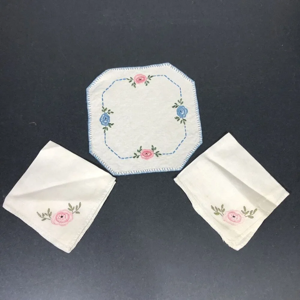 Vintage Small Table Topper Linens Blue and Pink Flowers Needlepoint Handmade 3pc